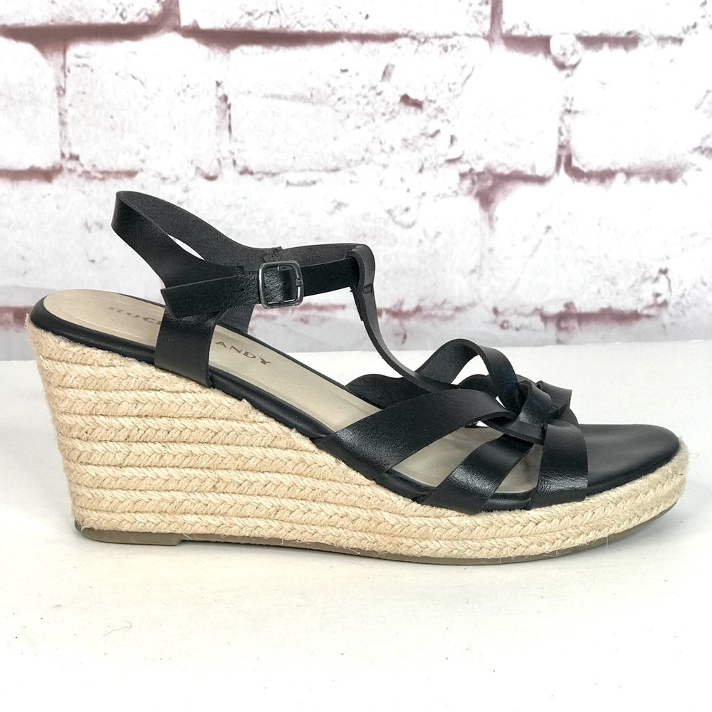 ROCK & CANDY Fola Espadrille Jute Wrapped Wedge Sandals 8.5 Black faux leather - Picture 2 of 16